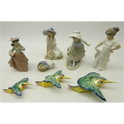  Set of three Beswick graduating wall hanging Kingfishers, Nao figure 'Girl With Hoop', boxed, three other Nao figurines and Lladro goose group (8)  