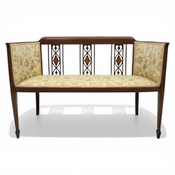 Edwardian mahogany boudoir suite couch, the couch back with three openwork splats inset wi...