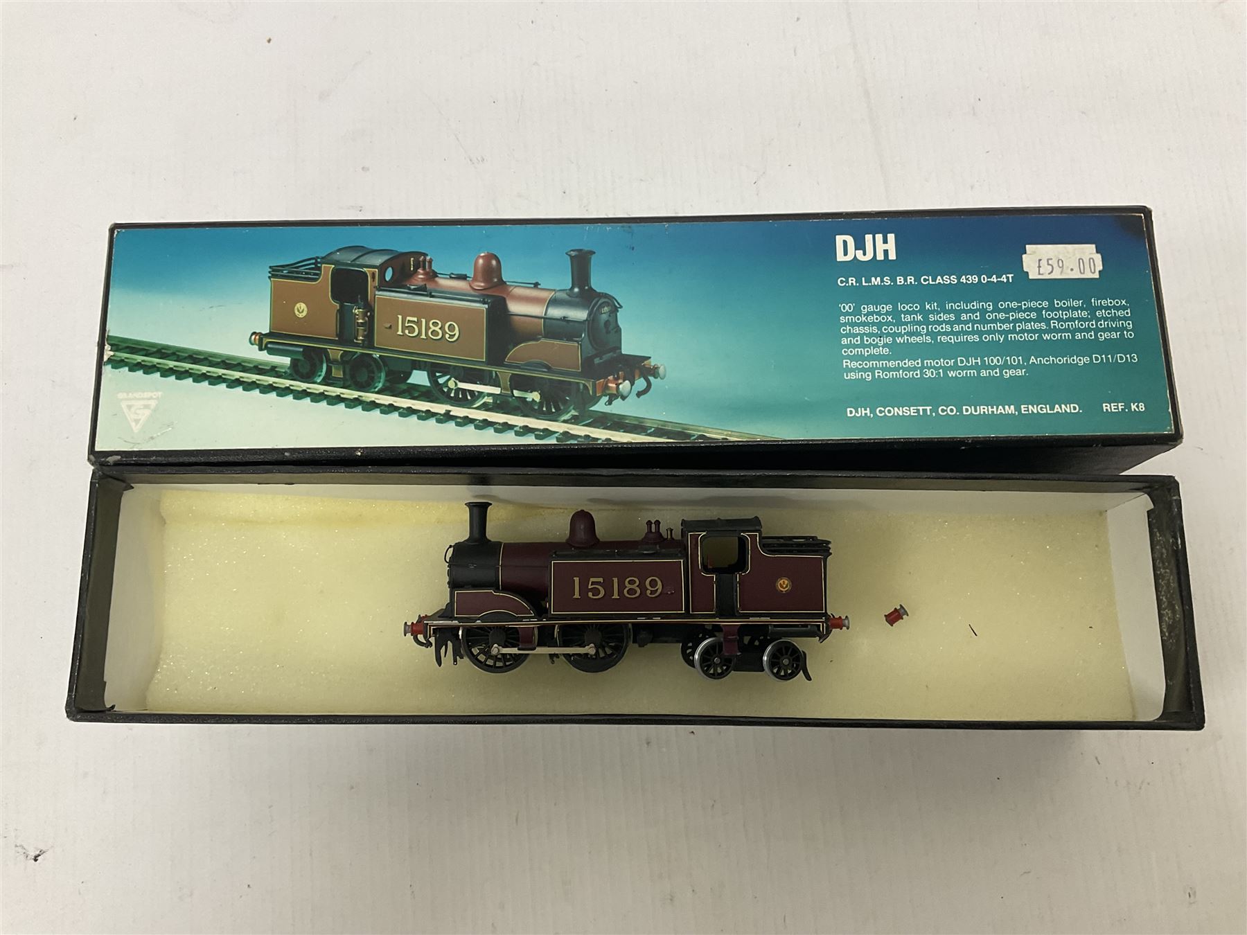 DJH Models - two kit built ‘00’ gauge models comprising K8 CR LMS BR Class 439 0-4-4T no.15189 locomotive in crimson and HR/LMS Jones Goods 4-6-0 no.103 locomotive and tender in HR green; in original boxes 