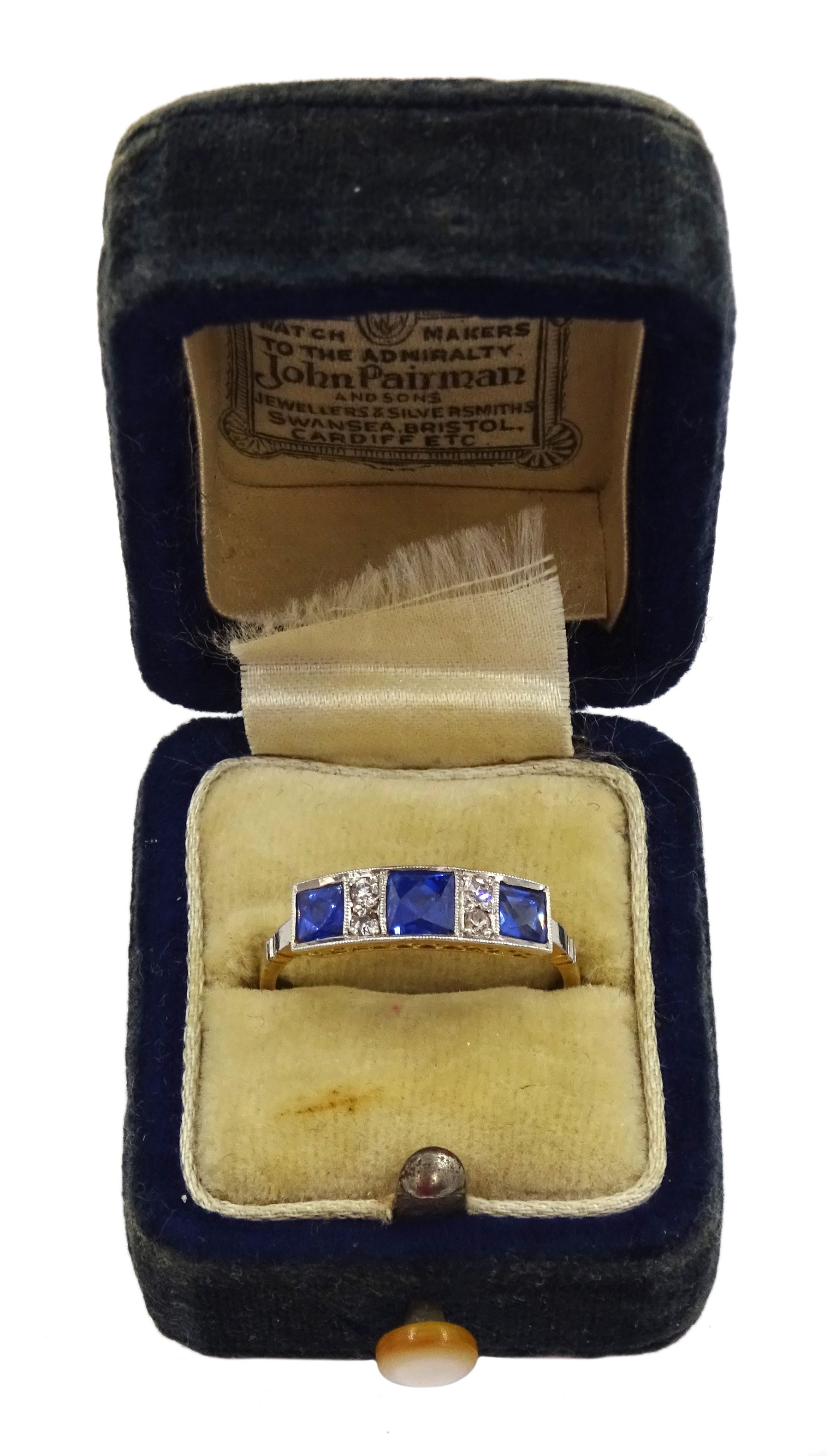 Art Deco 18ct gold milgrain set three stone French cut sapphire and four stone old cut diamond ring by R. Bros, stamped, total sapphire weight approx 1.00 carat