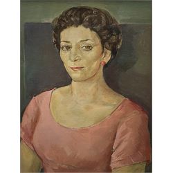 Jacob Kramer (Ukrainian/British 1892-1962): Portrait of a Young Woman in a Pink Dress, oil on canvas board signed 48cm x 37cm