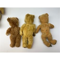 Six English teddy bears c1930s-50s including  wood wool filled Chiltern with swivel jointed head, glass eyes, vertically stitched nose and mouth and jointed limbs with velvet paws H18