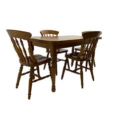 Traditional pine dining table, rectangular top over turned supports; and set four kitchen chairs, turned spindle back