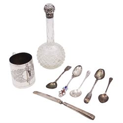 Group of silver, including Victorian Christening mug, hallmarked Fenton Brothers, Sheffield 1873, together with a cut glass scent bottle with silver cap and silver cutlery, all hallmarked 