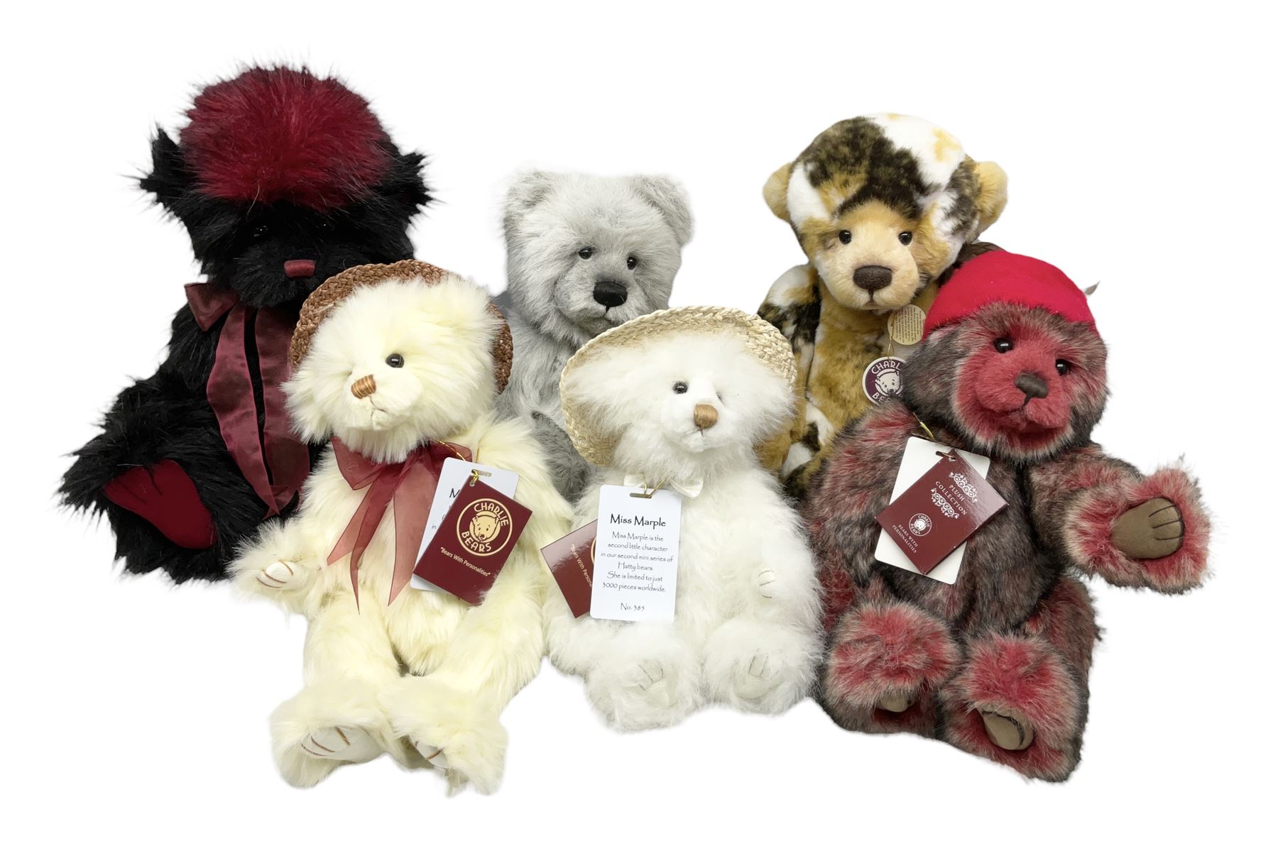 Six Charlie Bears, comprising three limited edition examples from the Hatty bears series,  Miss Daisy CB206000O, 382/3000, Miss Marble CB205242O, 385/3000, and TC CB185165, 22/3000, plus Red Liquorice CB150011O, designed by Heather Lyell, and Leonie CB124915, and Kiki CB124961, both designed by Isabelle Lee, all with tags 