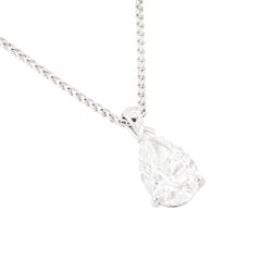 Platinum diamond pendant, set with a single pear cut diamond of 2.00 carat, colour D, clarity VS2, with GIA report, on 18ct white gold fancy link chain necklace