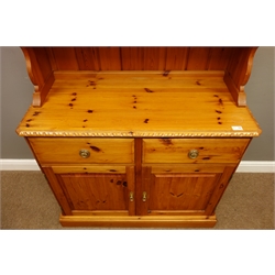  Pine two drawer dresser with plate rack, W100cm, H198cm, D46cm  