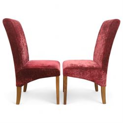 Willis & Gambier - mahogany extending dining table, rectangular top with rounded corners on cabriole legs, with two 35cm extension leaves, four Willis & Gambier upholstered high back chairs and four mahogany chairs, upholstered in a stripped multi-coloured velvet fabric, with scroll-shaped top rail, lyre-shaped back splat on cabriole legs, chairs W46xD91x97cm (11) 