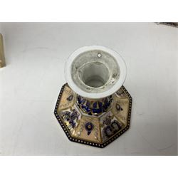 Devonport imari pattern comport set, comprising two tall comports and three low comports, together with twin handled pedestal ovoid vase, decorated with landscape with gilt swan handles, vase H25cm