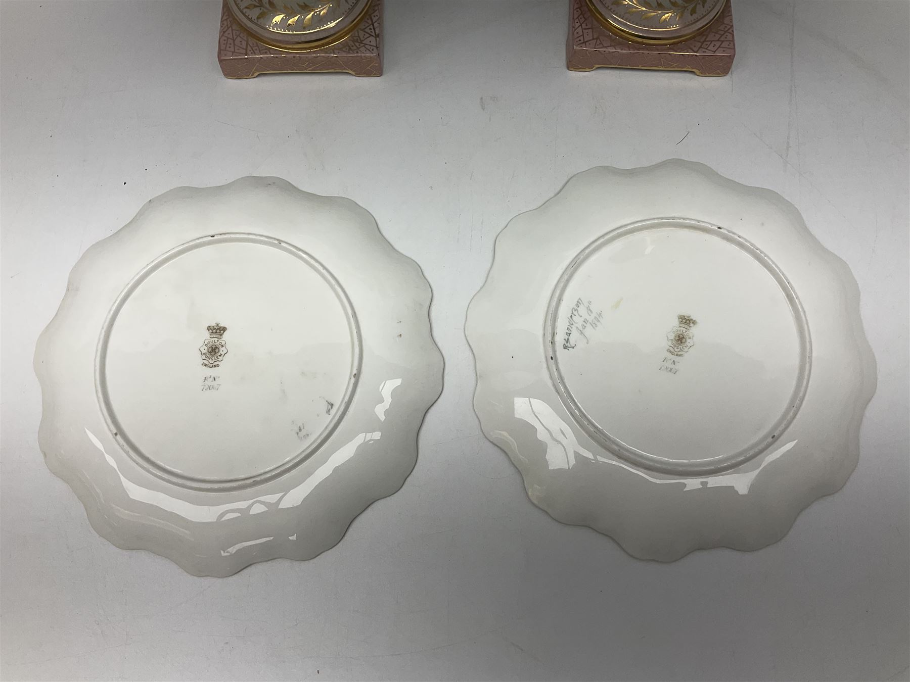 Pair rubian art pottery jugs and pair painted Doulton plates, jugs H42cm