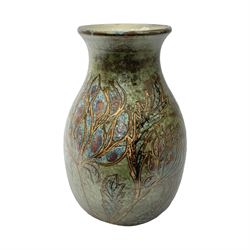 John Egerton (c1945-): studio pottery stoneware vase, decorated with artichoke hearts upon a mottled blue ground, H21cm