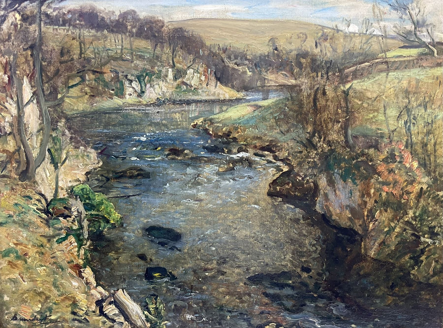 Reginald Grange Brundrit RA ROI (British 1883-1960): The River Wharfe at Loup Scar near Grassington, oil on canvas signed c.1924, 45cm x 60cm 
Provenance: en plein air preliminary study for a larger work dated 1924 hanging in the Cartwright Hall, Lister Park, Bradford