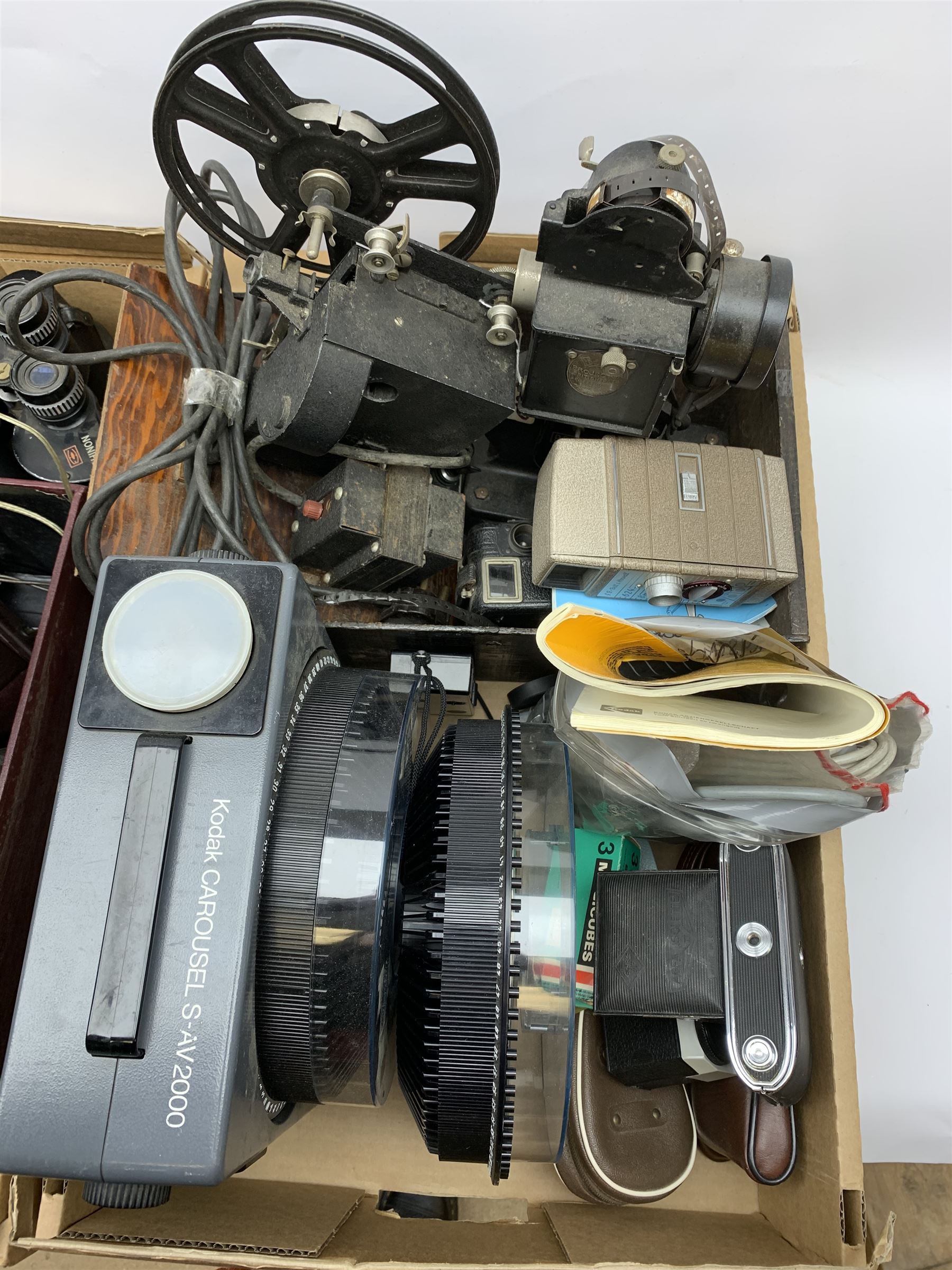 Various vintage cameras, projectors and other similar items including 'Kodatoy' universal model projector, 'AGFA Isolette II' camera, 'G.B. - Bell & Howell' 624 8mm, Chinon 7x50 field 7.1 vintage binoculars etc, in two boxes, all untested 