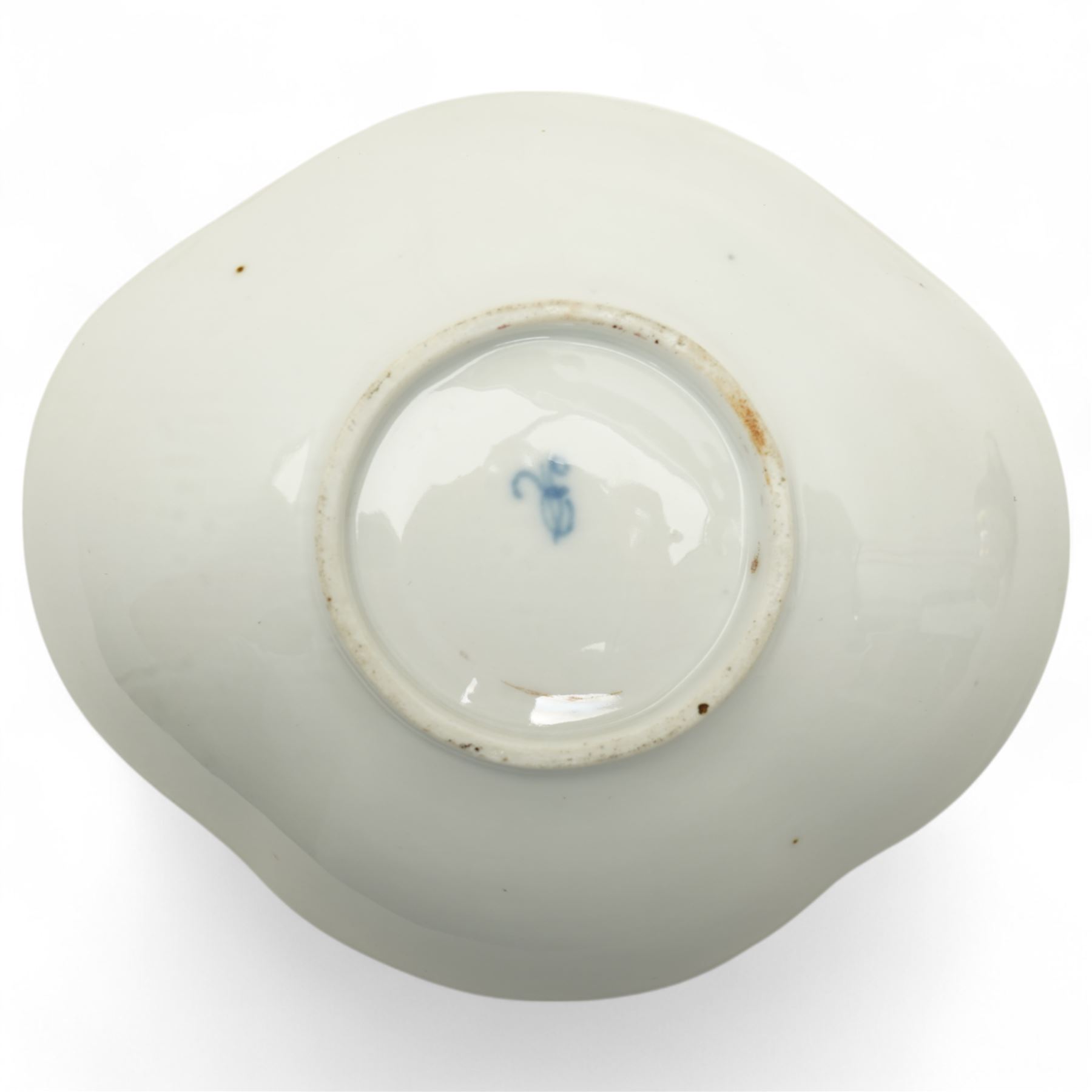 Helena Wolfsohn Dresden porcelain quatrefoil teacup and saucer, decorated with panels of figures and floral sprays on a black ground, marked to base, together with a flask with painted scene of travellers in a port, indistinct continental mark to base, flask H12cm
