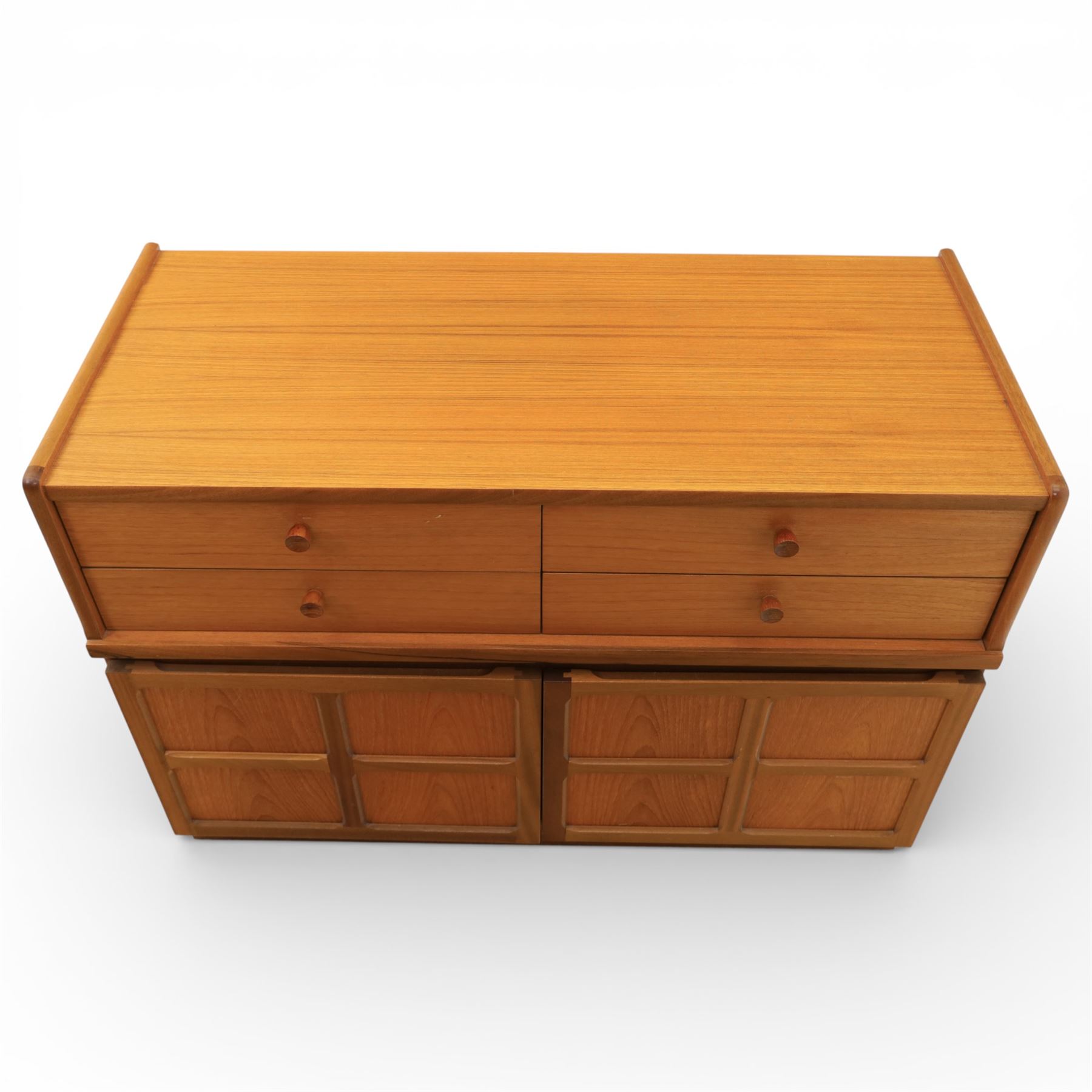 Nathan - 'Squares' pair of sideboards, rectangular top over four short drawers, above signature square panelled cabinet doors on a recessed plinth base
