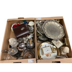 Collection of silver plate, including trays, jugs, wine holder, together with binoculars and other collectables, in two boxes  