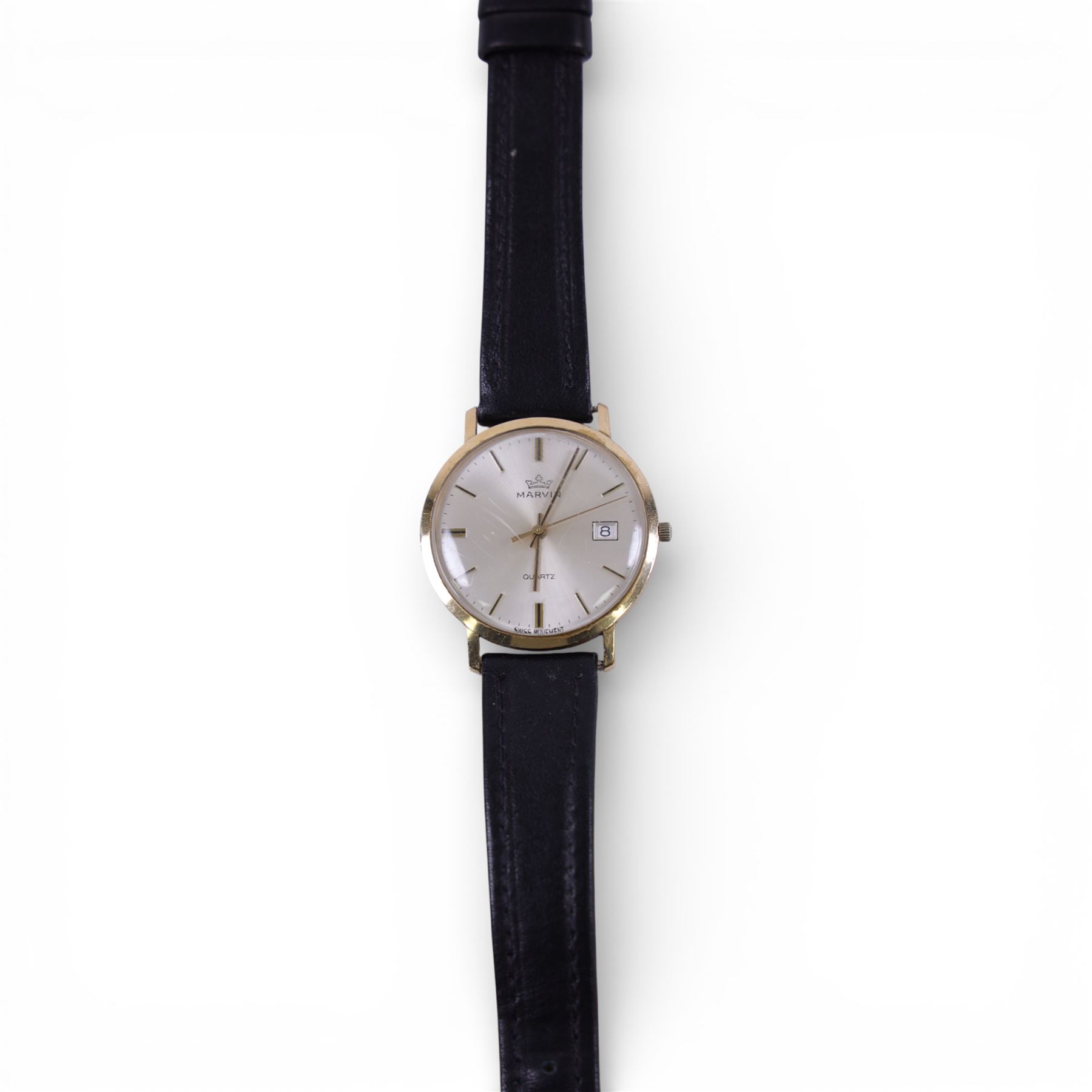 Marvin gentleman's 9ct gold quartz wristwatch, hallmarked, on black leather strap