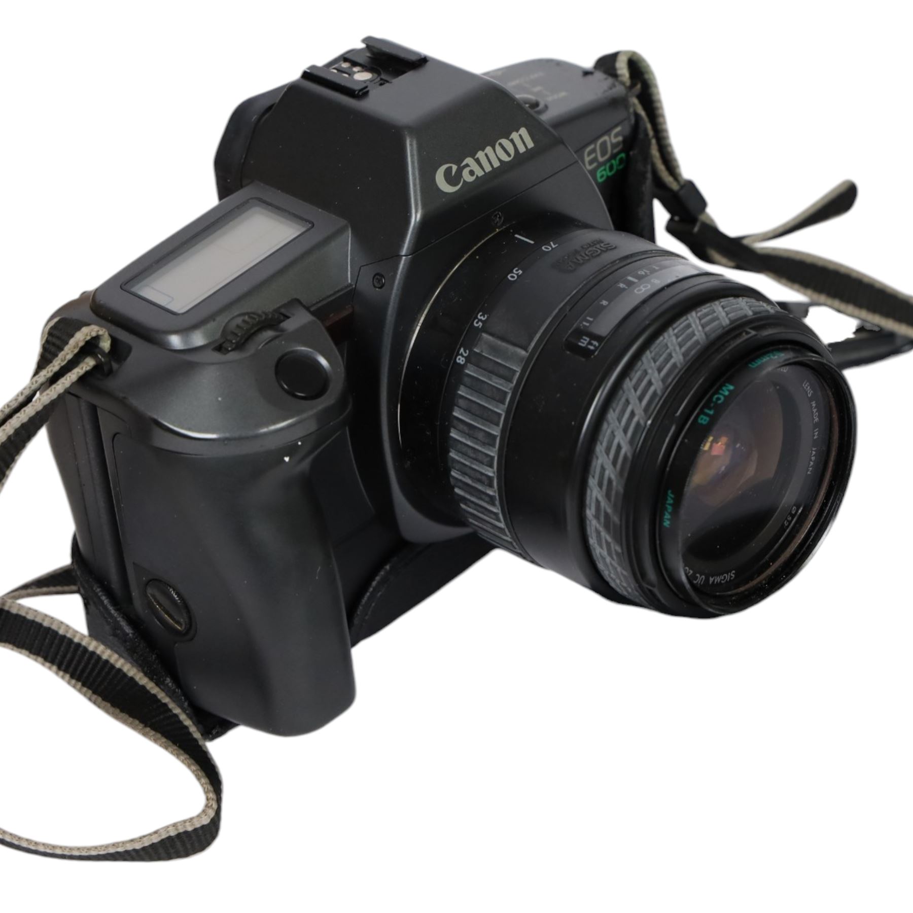 Three 35mm film SLR cameras, comprising Canon EOS 50E camera body with a Canon Ultrasonic EF 28-80mm 1:3.5-5.6 lens, together with a Canon EOS 600 camera body with a Sigma UC 28-70mm 1:3.5-4.5 lens and a Praktica MTL5 with a Carl Zeiss Jena DDR MC Flektogon 2.4/35 lens