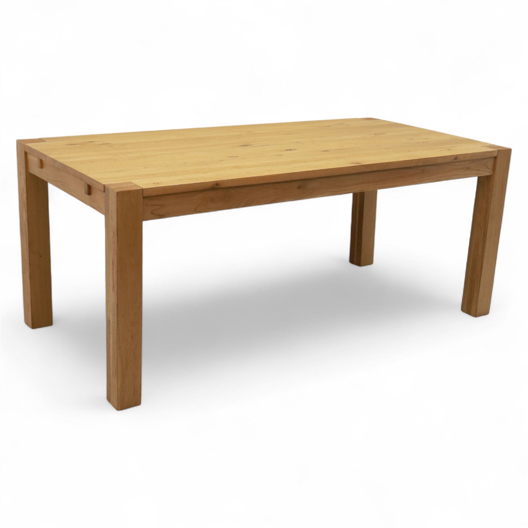 Modern oak dining table, rectangular form with detachable twin leaf extensions, supported on straight square-section legs (Extends to 280cm) 