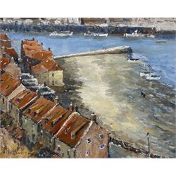 Alan Thorpe (British 20th century): 'The Fish Pier from the East Cliff Whitby', acrylic on board signed, titled on gallery label verso 22cm x 27cm