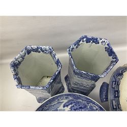 Large blue and white twin handled tureen with cover, Copeland Spode bowl, oriental blue and white jar and cover and a pair of blue and white vases