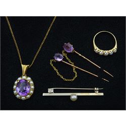 Gold oval amethyst and split pearl pendant necklace, gold five stone pearl ring and a gold amethyst double stick pin