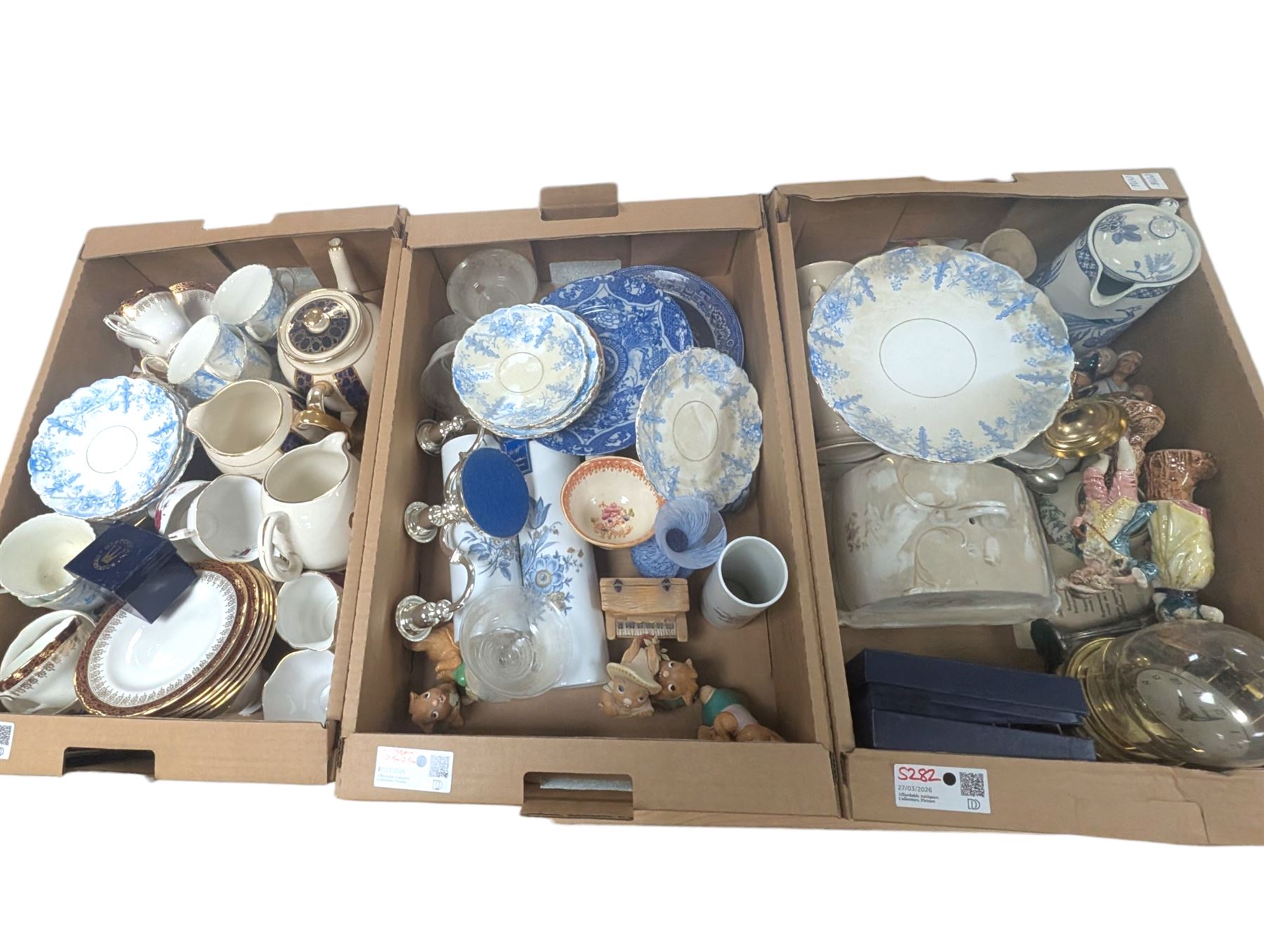 Royal Stafford part tea service, transfer printed Chinese blue and white plate, Pendelphin figures, Kundo clock, etc in three boxes