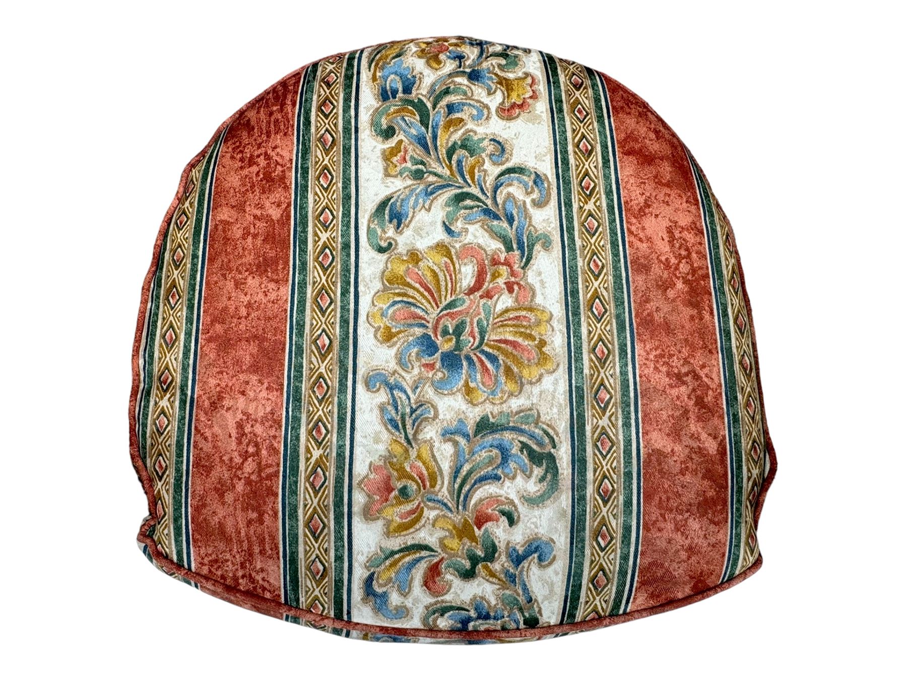 Pair of cherry wood framed tub-shaped armchairs, upholstered in striped floral fabric with brass stud trim, carved walnut frame with fluted supports capped with pinecone finials, on turned feet