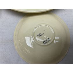 Clarice Cliff for Newport Pottery Corolla pattern tea and dinner wares, comprising triangular bowl, four side plates, two shallow bowls and teacup (a/f), together with a Clarice Cliff Wilkinson twin handled soup bowl and unassociated saucer both decorated with pink and yellow flowers, together with other mid century ceramics comprising Parrott and Company Coronet Ware, and Royal Staffordshire AJ. Wilkinson Ltd dinner wares