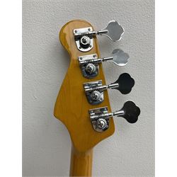 Richwood electric bass guitar in blue, cream and natural finish L117cm; in Fender soft carrying case; together with Behringer Thunderbird Bx108 amplifier date code 0 4 11.