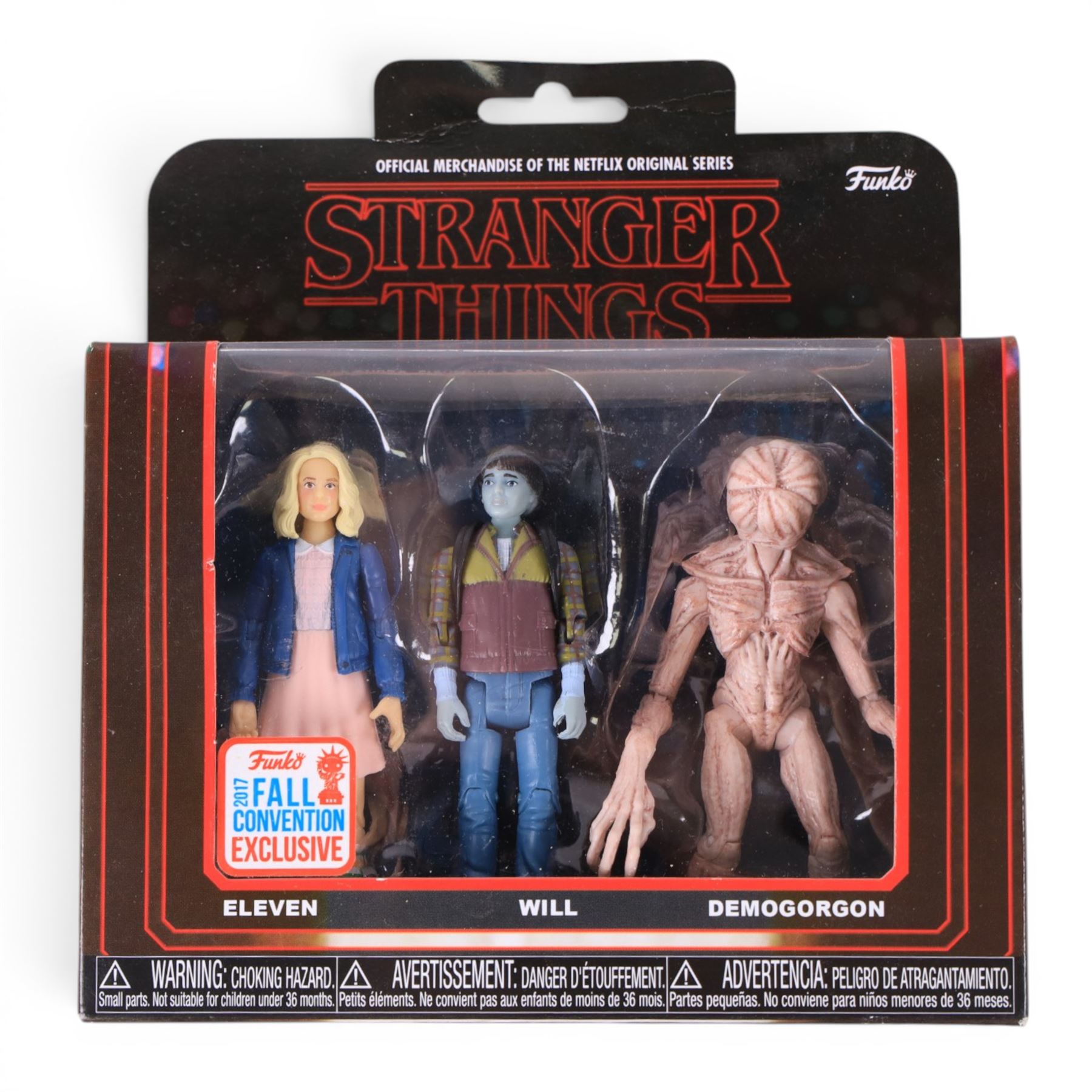 Three Funko Stranger Things figures, comprising Demogorgon, Eleven and Will figures and two three-figure packs comprising Will, Dustin and Demogorgon three-pack and an Eleven, Will and Demogorgon three-pack, all boxed or carded