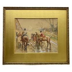 John Atkinson (Staithes Group 1863-1925): A Stirrup Cup before the Hunt on a Wet Winter Day, watercolour heightened with white signed 30cm x 38cm