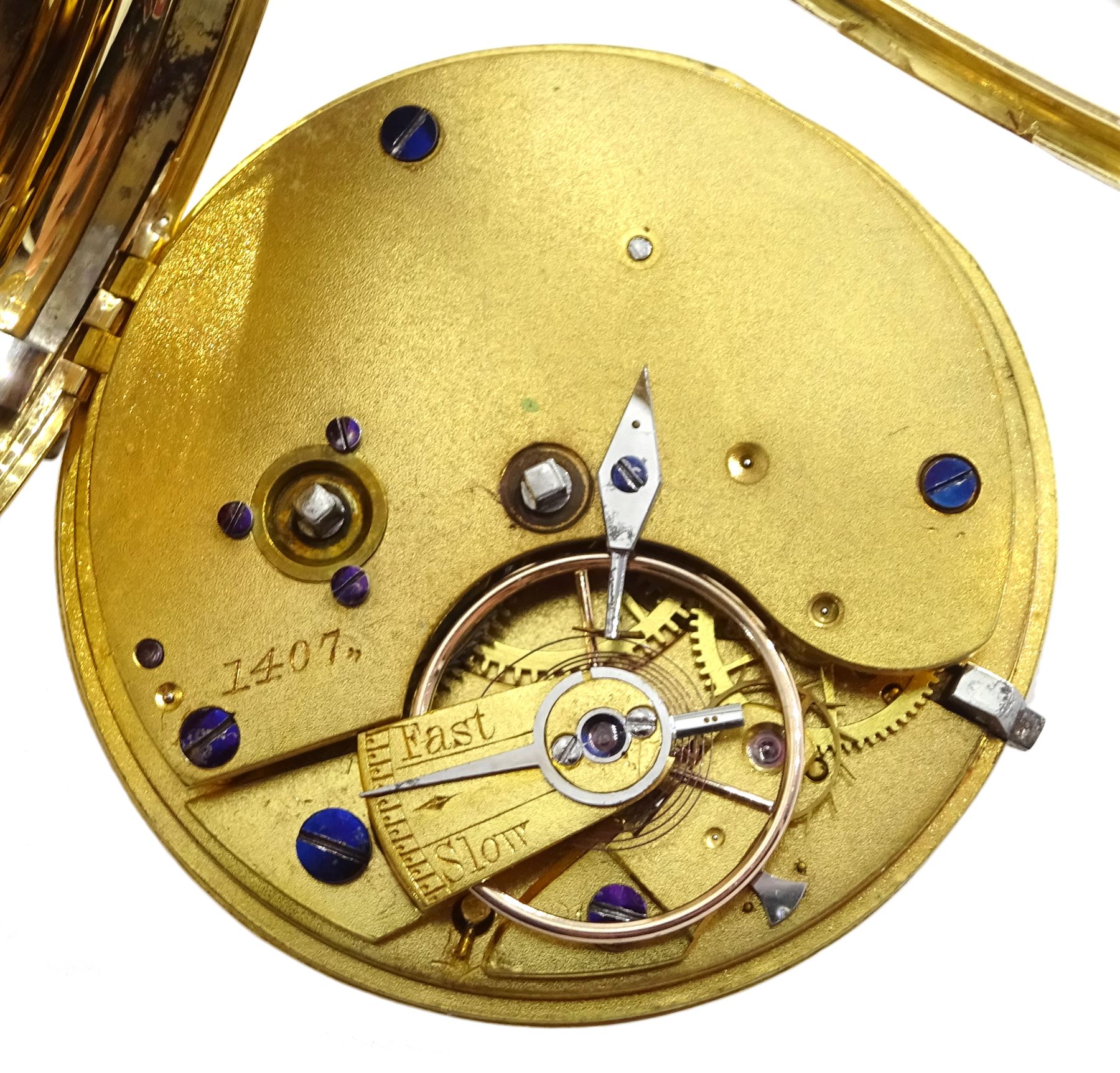 Victorian 18ct gold open face ladies English lever fusee pocket watch No. 1407, gilt dial with Roman numerals and subsidiary seconds dial, back case with engraved flower and foliate decoration, hallmarked London 1861