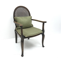  Early 20th century beech framed armchair, cane seat and back, cabriole legs, W58cm  