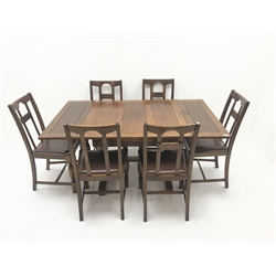  Early 20th century oak extending dining table, two baluster supports on shaped sledge feet joined by single stretcher (W154cm, H74cm, D92cm) and six dining chairs, upholstered drop in seats, turned supports (W48cm)  