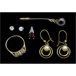 9ct gold stone set jewellery including pearl pendant earrings, three stone cubic zirconia ring, pair of cubic zirconia stud earrings, amethyst stick pin and a garnet and diamond pendant, all hallmarked or tested 