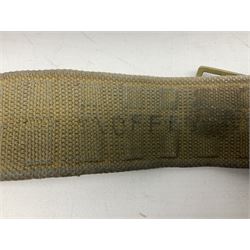 WW2 British black felt beret with Pioneer Corps cap badge, with Kangol Wear maker's mark dated 1943; and a British Army green webbing belt (2)