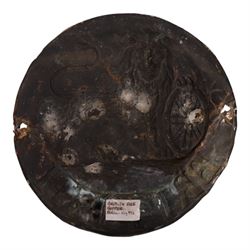 Two 19th century fire insurance marks, comprising tin County Fire Office, mounted upon oak backing, Lead Royal Exchange Assurance, mounted upon circular oak frame, together with a Milners' Fire Resisting Safe plaque, 
