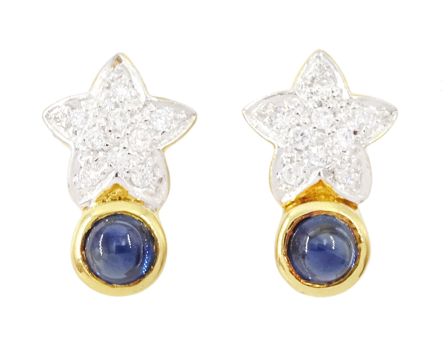 Pair of 18ct gold sapphire and diamond earrings, each stud pave set with round brilliant cut diamonds, suspending a single cabochon cut sapphire, stamped 750
