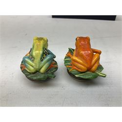 Four Halcyon Days bonbonnieres modelled as frogs, Golden Toad, Red-eyed frog, Dart-poison frog, and Poison Dart frog, in single box 