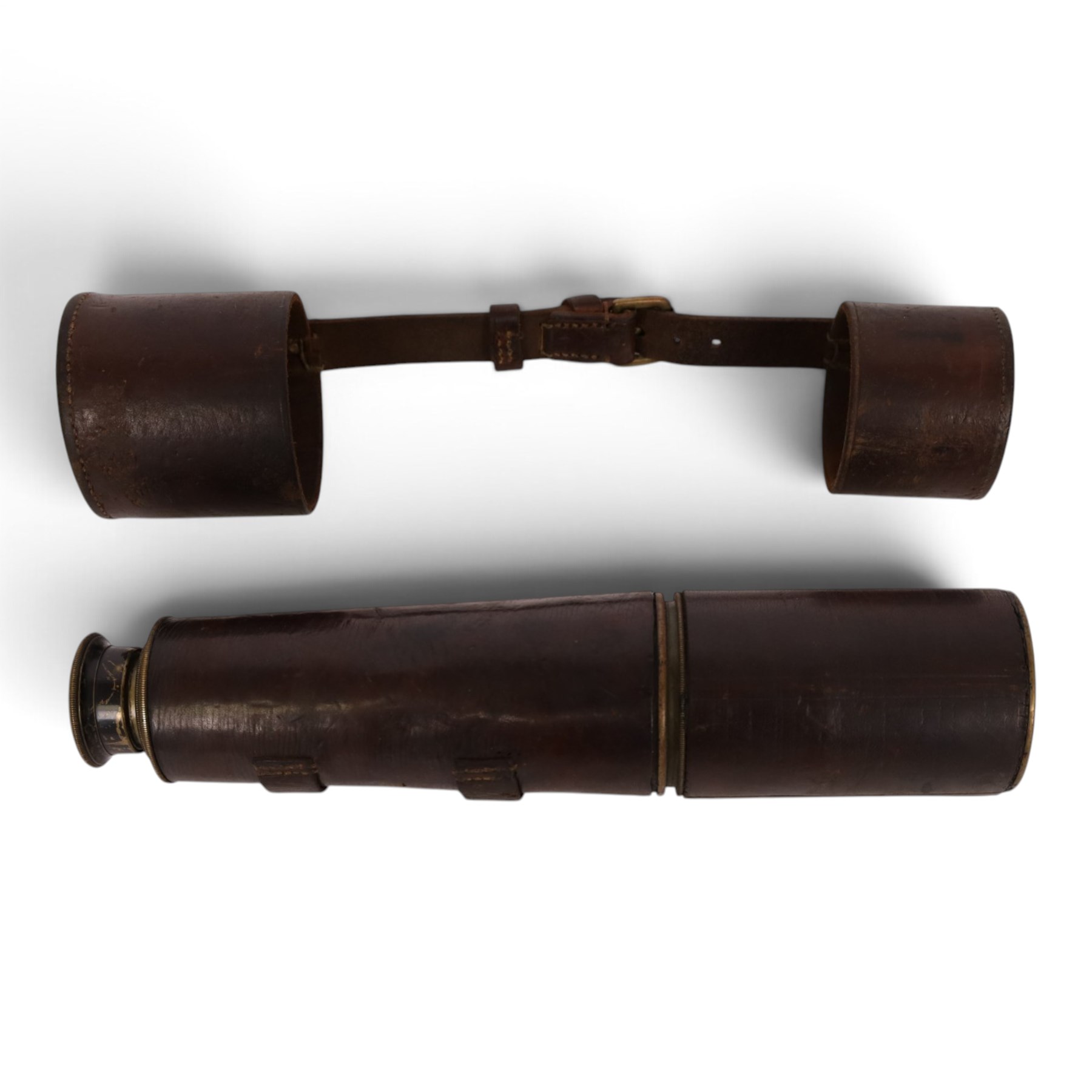 Military three drawer telescope with Ross lens, both in leather cases
