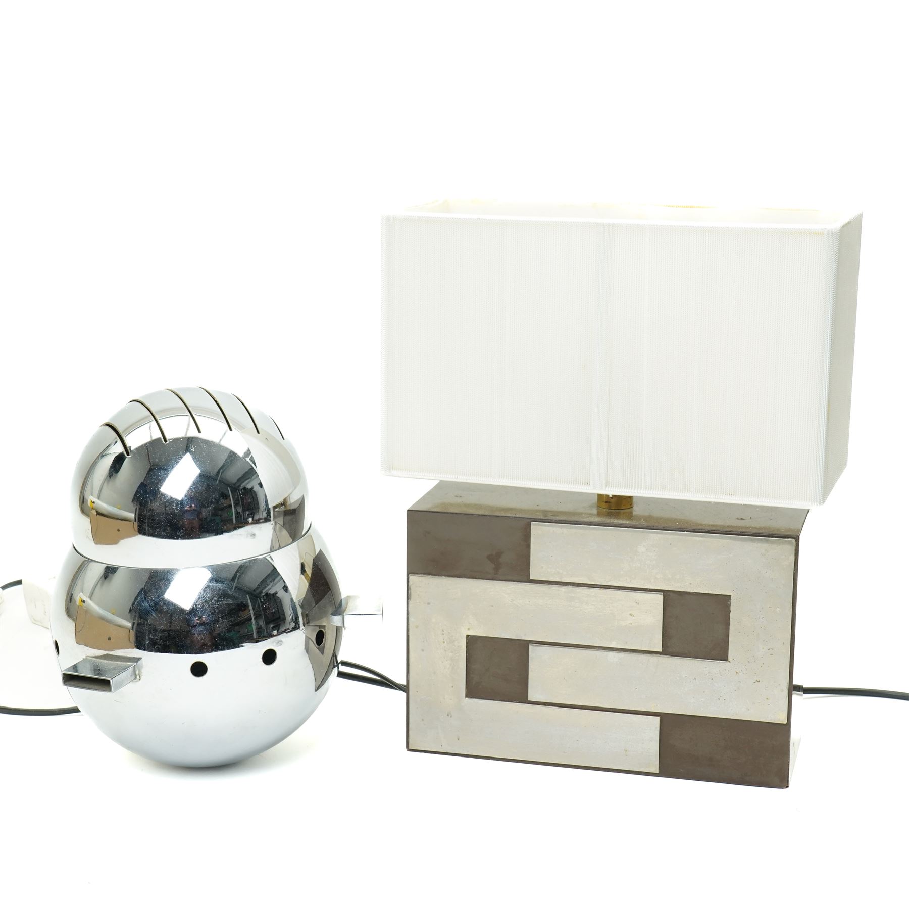 Modernist table lamp of rectangular form in silver and gold tones with shade H38cm and a chromium table lamp of double globe form H27cm (2)