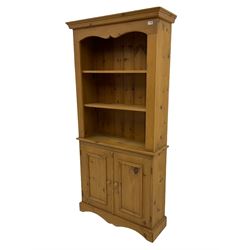 Solid pine open bookcase with two cupboards