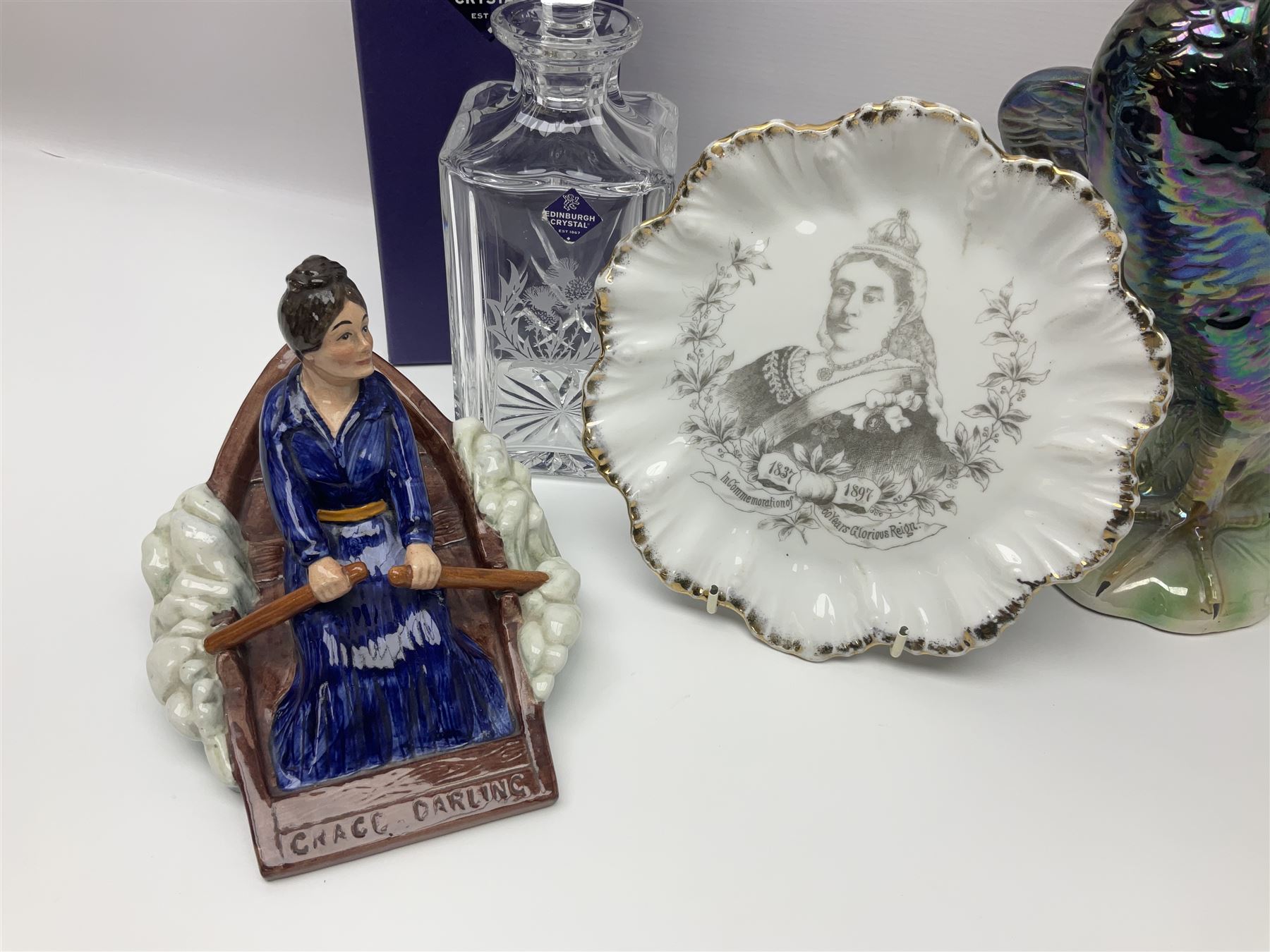 Nao figure of a lady '1042', commemorative Queen Victoria plate, pewter measures, Edinburgh crystal decanter with thistle decoration, Wood and Sons limited edition figure commemorating 150 years of the R.N.L.I numbered 321 of 5000 and a cockerel figure