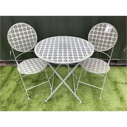Green painted garden bistro table, and two chairs - THIS LOT IS TO BE COLLECTED BY APPOINTMENT FROM DUGGLEBY STORAGE, GREAT HILL, EASTFIELD, SCARBOROUGH, YO11 3TX