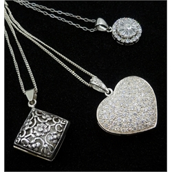  Silver cubic zirconia heart pedant and two other silver pendants all stamped 925  