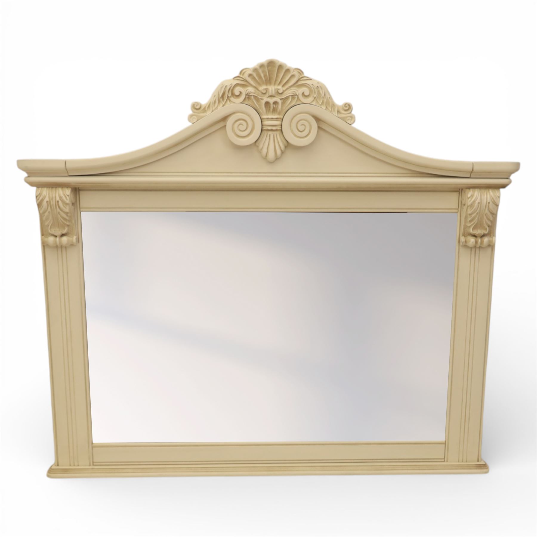 Contemporary French design white painted bedroom suite retailed by Barkers of Northallerton, comprising wide chest fitted with four short and four long drawers with oval brass handles (H 70cm, W 159cm, D 46cm), pair of bedside chests each fitted with three drawers (H 62cm, W 40cm, D 46cm), dressing table fitted with four short drawers and central kneehole with shaped apron (H 79cm, W 131cm, D 46cm) with matching framed wall mounted mirror (H 100cm, W 113cm), and full length standing mirror (H 175cm, W 73cm)