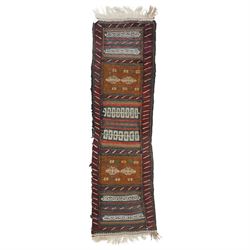 Group of four late 20th century wool kilim rugs, comprising a narrow tribal runner with stylised tree motifs and hooked guard bands (H 180cm, W 56cm), a lozenge medallion rug with decorative striped ends (H 125cm, W 75cm), a red and blue kilim with trefoil repeat field and multicoloured border bands (H 187cm, W 98cm), and a wide horizontal striped example with alternating lozenge and linear motif rows (H 260cm, W 173cm)