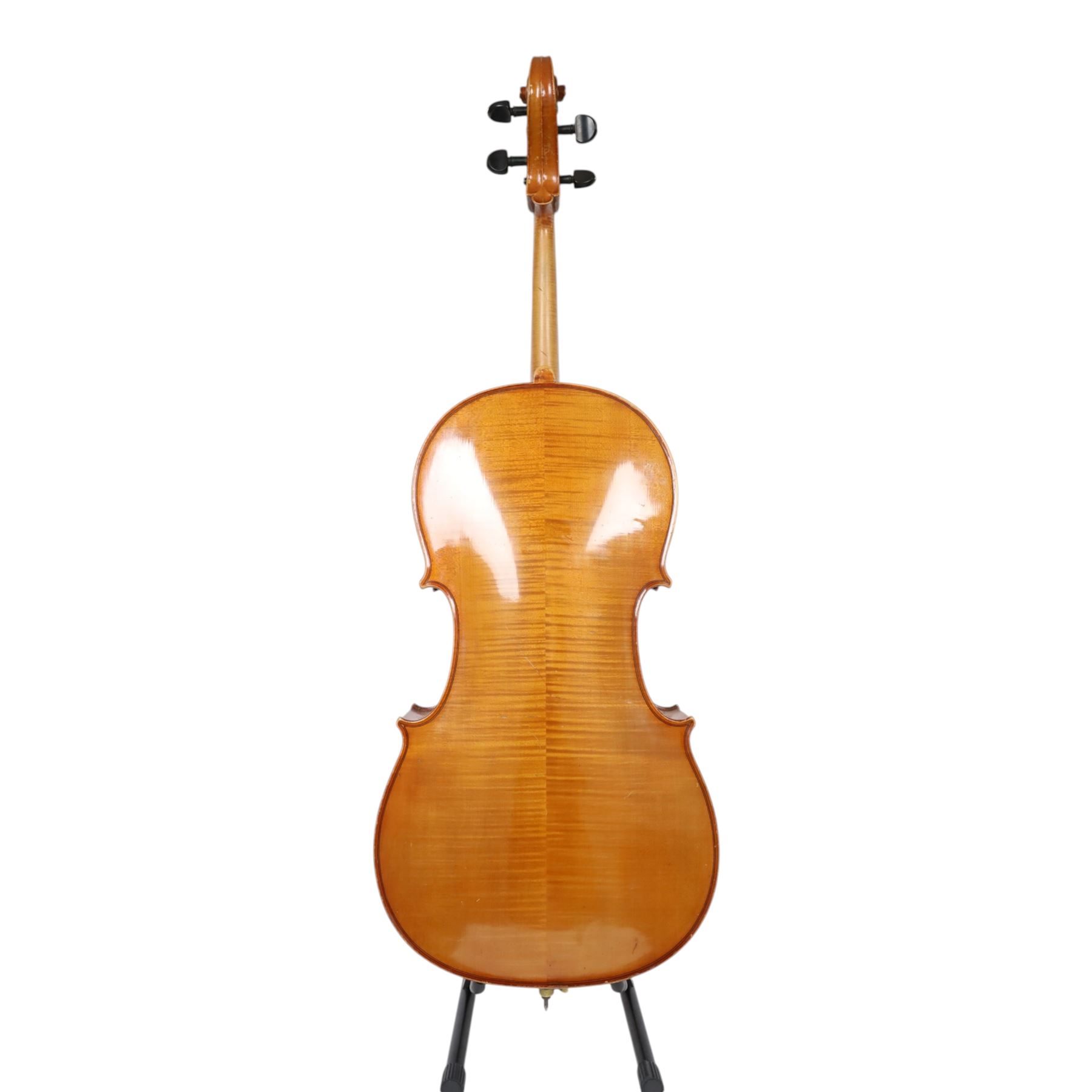 19th century cello, with two piece back, ebonised finger board and pegs, contained within Hiscox Lifelite case, cello back length 76cm