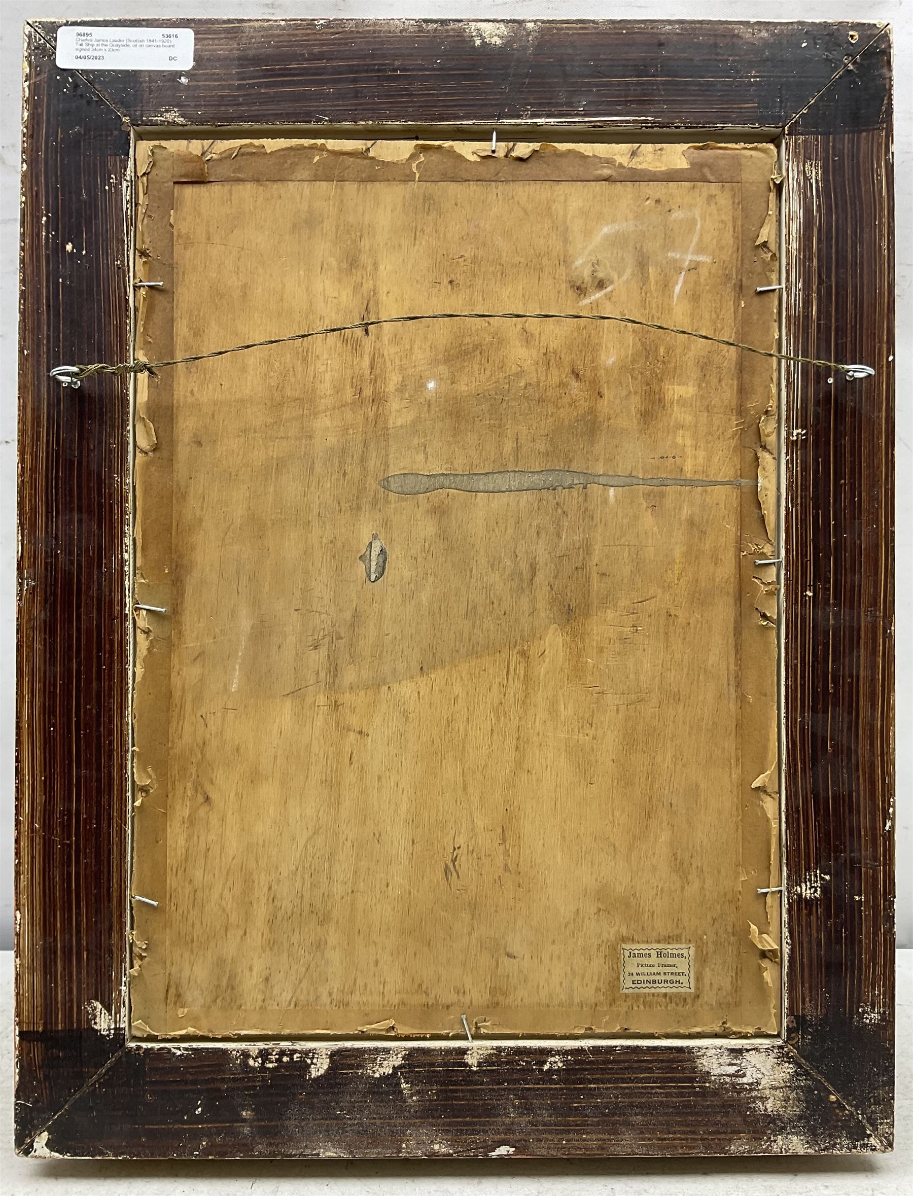 Charles James Lauder (Scottish 1841-1920): Tall Ship at the Quayside, oil on canvas laid on to board signed 34cm x 23cm